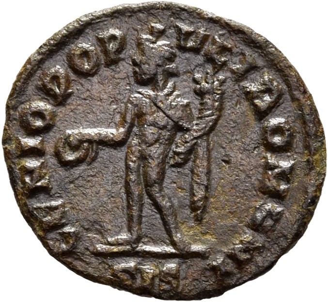 RIC VI Siscia 167 Constantius Chlorus reverse, Genius, wearing modius, nude, chlamys draped over left shoulder, standing l...
