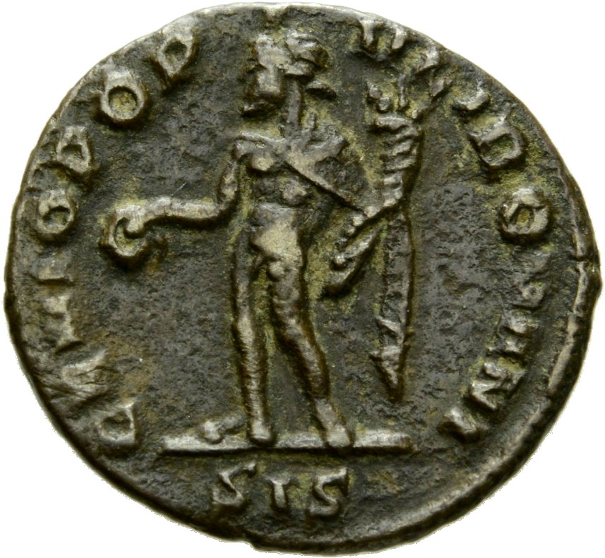 RIC VI Siscia 169b Constantius Chlorus reverse, Genius, wearing modius, nude, chlamys draped over left shoulder, standing ...