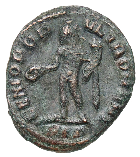 RIC VI Siscia 170b Constantius Chlorus reverse, Genius, wearing modius, nude, chlamys draped over left shoulder, standing ...