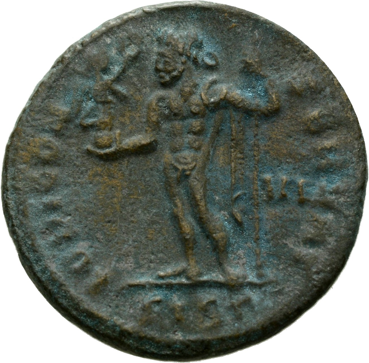 RIC VI Siscia 179b Constantius Chlorus reverse, Jupiter, chlamys hanging from left shoulder, standing left, holding Victor...