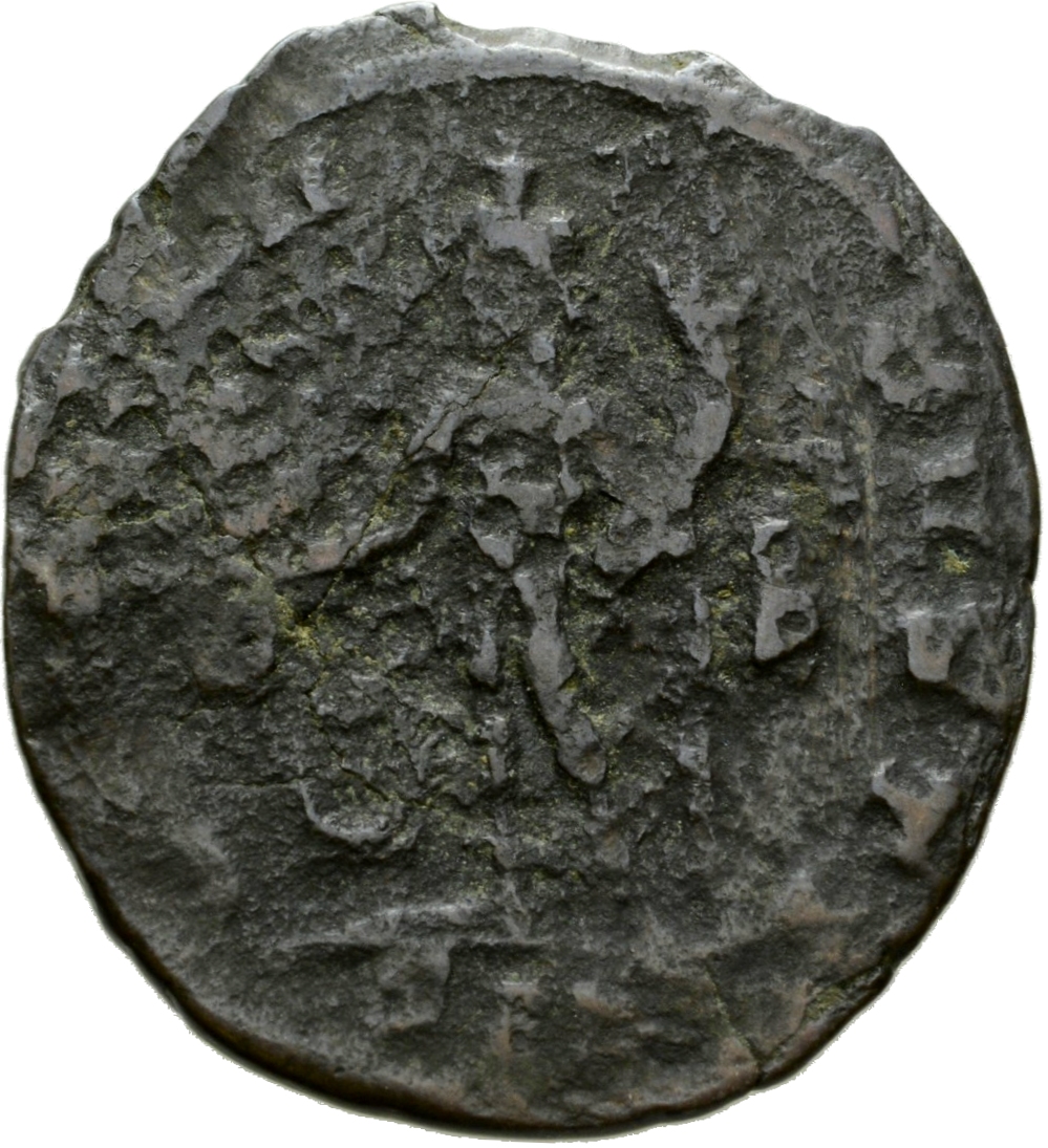 RIC VI Siscia 198a Licinius reverse — Genius, wearing modius, nude, chlamys draped over left shoulder, standing left, hold...