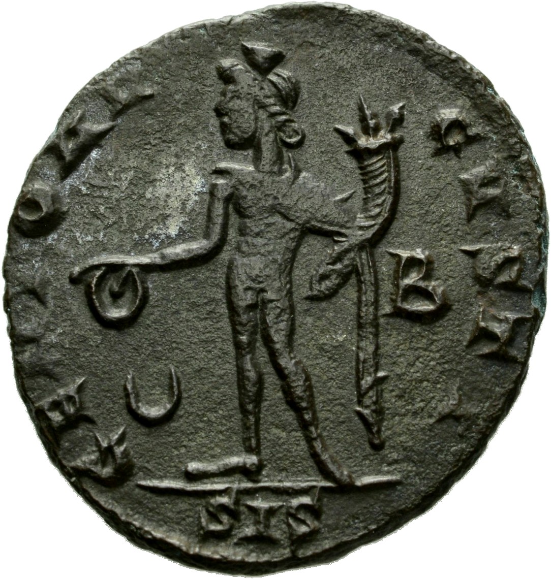 RIC VI Siscia 198b Licinius reverse, Genius, wearing modius, nude, chlamys draped over left shoulder, standing left, holdi...