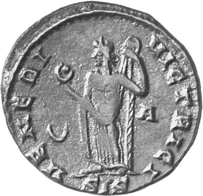 RIC VI Siscia 204 Licinius reverse, Venus, draped, standing front, head left, holding up apple with right hand, raising dr...