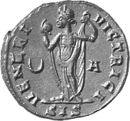 RIC VI Siscia 204 Licinius reverse — Venus, draped, standing front, head left, holding up apple with right hand, raising d...