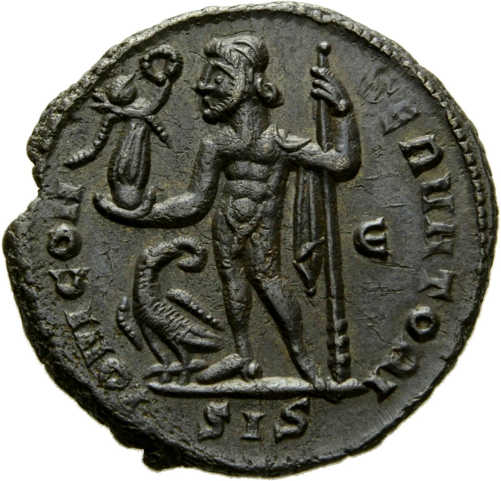 RIC VI Siscia 231a Licinius reverse — Jupiter, chlamys hanging from left shoulder, standing front, head left, holding thun...