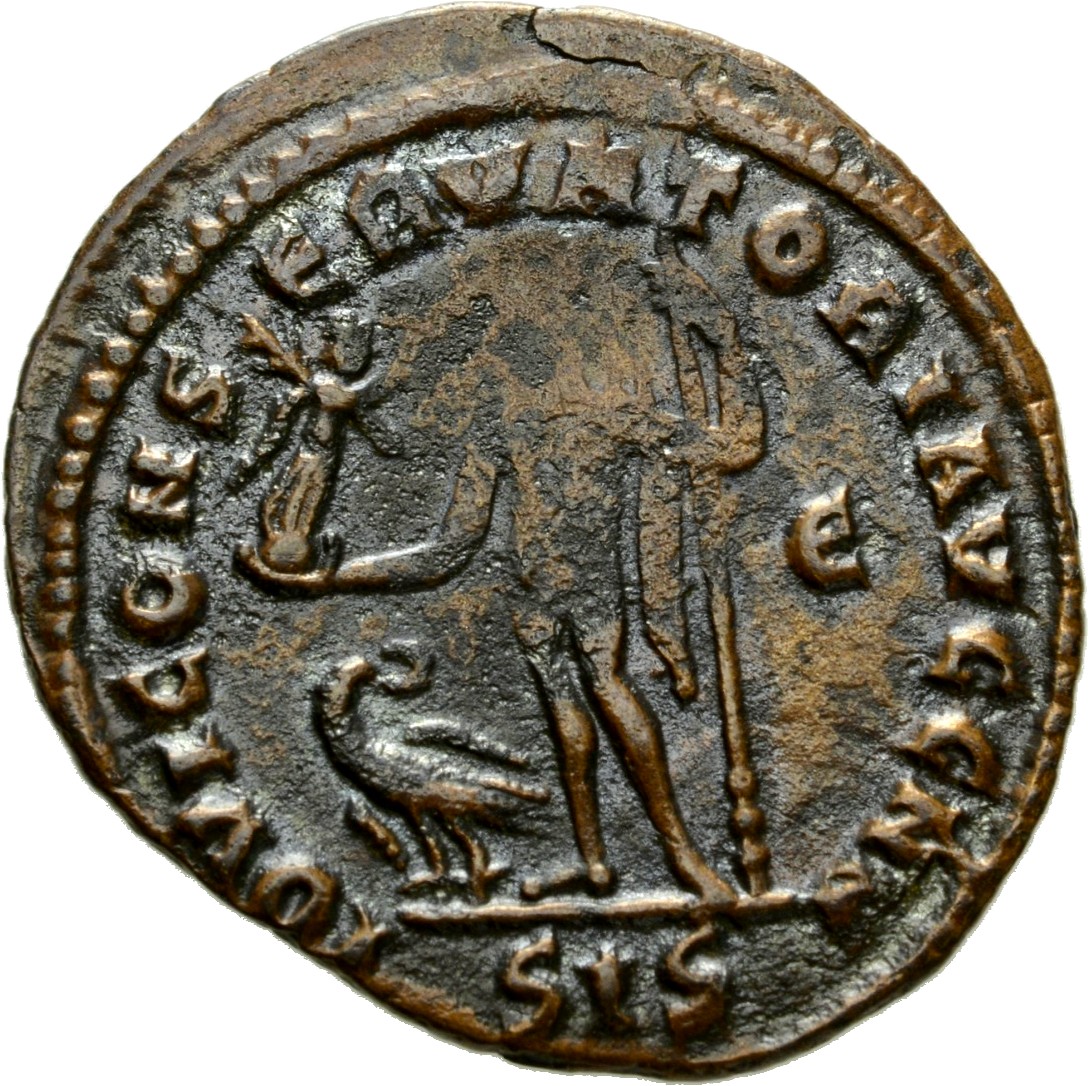 RIC VI Siscia 233a Licinius reverse, Jupiter, chlamys hanging from left shoulder, standing front, head left, holding Victo...