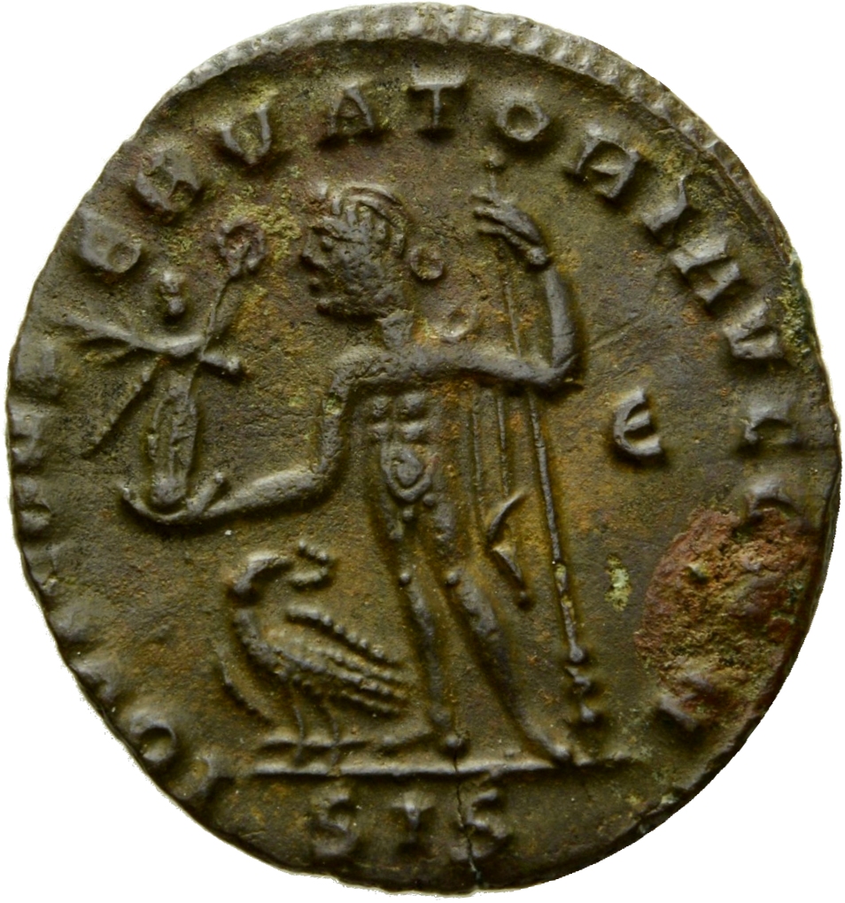 RIC VI Siscia 234a Licinius reverse, Jupiter, chlamys hanging from left shoulder, standing front, head left, holding Victo...
