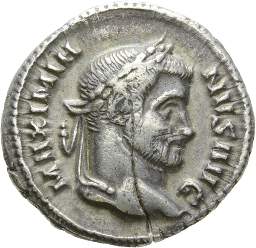 RIC VI Siscia 43b Maximian obverse, Head of Maximian, laureate, right
