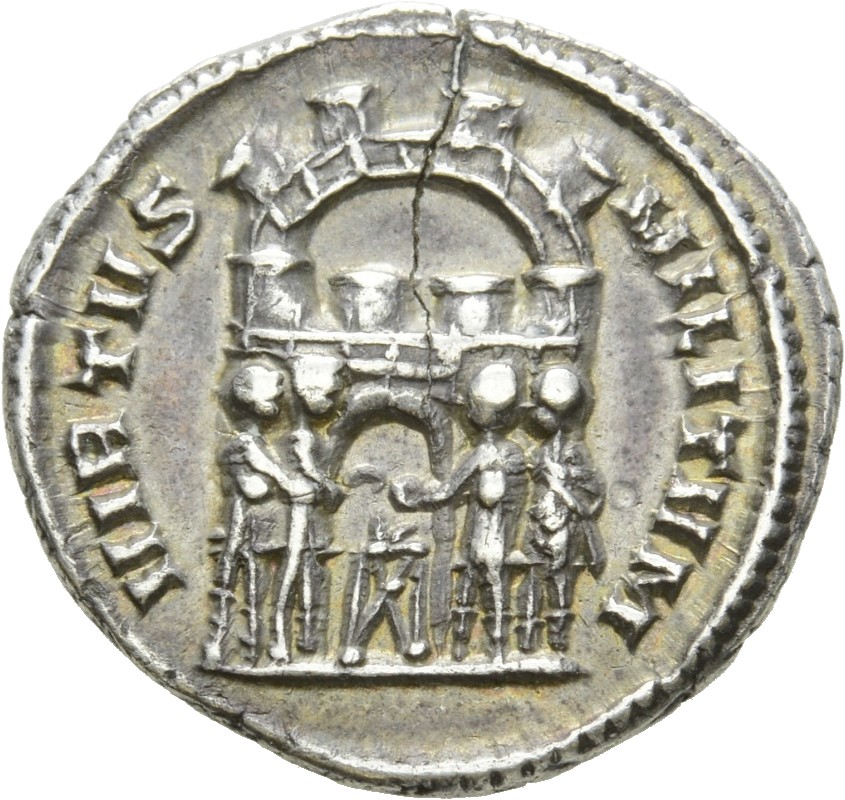 RIC VI Siscia 43b Maximian reverse, Diocletian, Maximian, Constantius Chlorus, and Galerius, draped, sacrificing over trip...