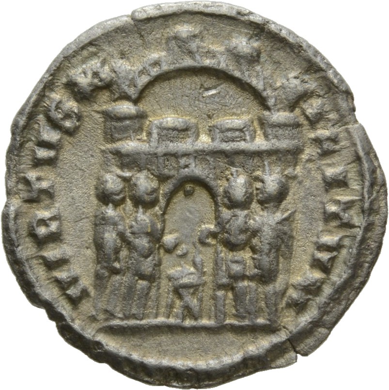 RIC VI Siscia 47b Maximian reverse, Diocletian, Maximian, Constantius Chlorus, and Galerius, draped, sacrificing over trip...