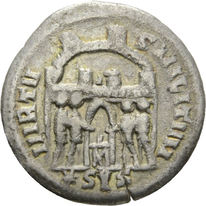 RIC VI Siscia 60a Maximian reverse, Diocletian, Maximian, Constantius Chlorus, and Galerius, draped, sacrificing over trip...