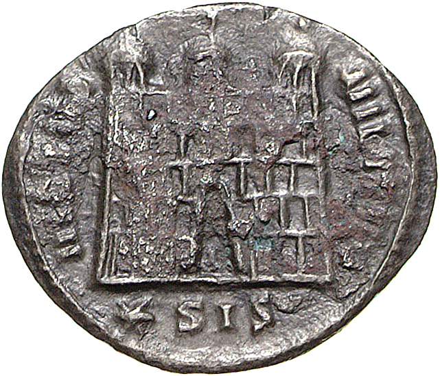 RIC VI Siscia 66a Maximian reverse, Three-turreted camp gate, open, no doors