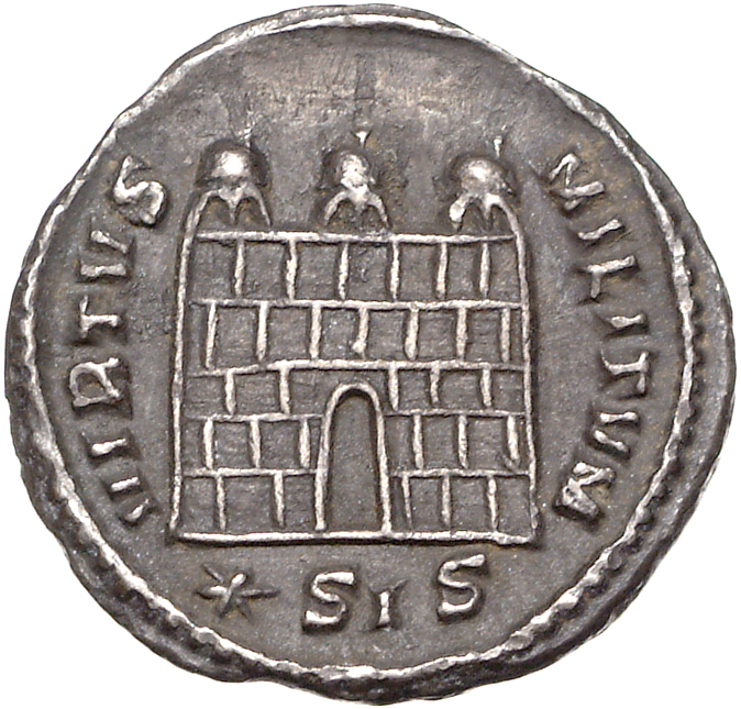 RIC VI Siscia 66b Maximian reverse, Three-turreted camp gate, open, no doors