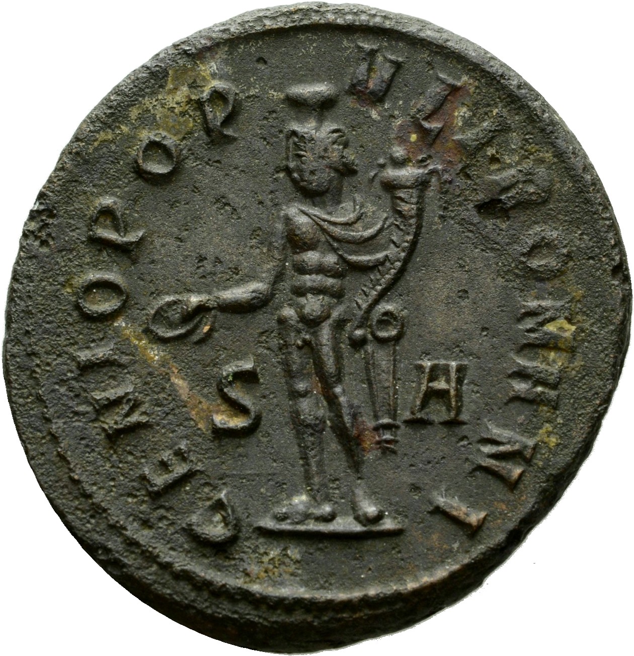 RIC VI Siscia 76a Maximian reverse, Genius, wearing modius, nude, chlamys draped over left shoulder, standing left, holdin...