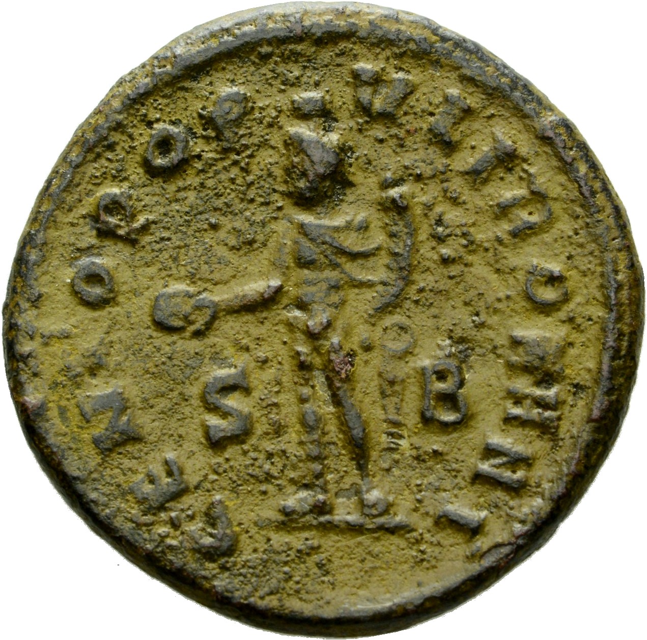 RIC VI Siscia 76b Maximian reverse, Genius, wearing modius, nude, chlamys draped over left shoulder, standing left, holdin...