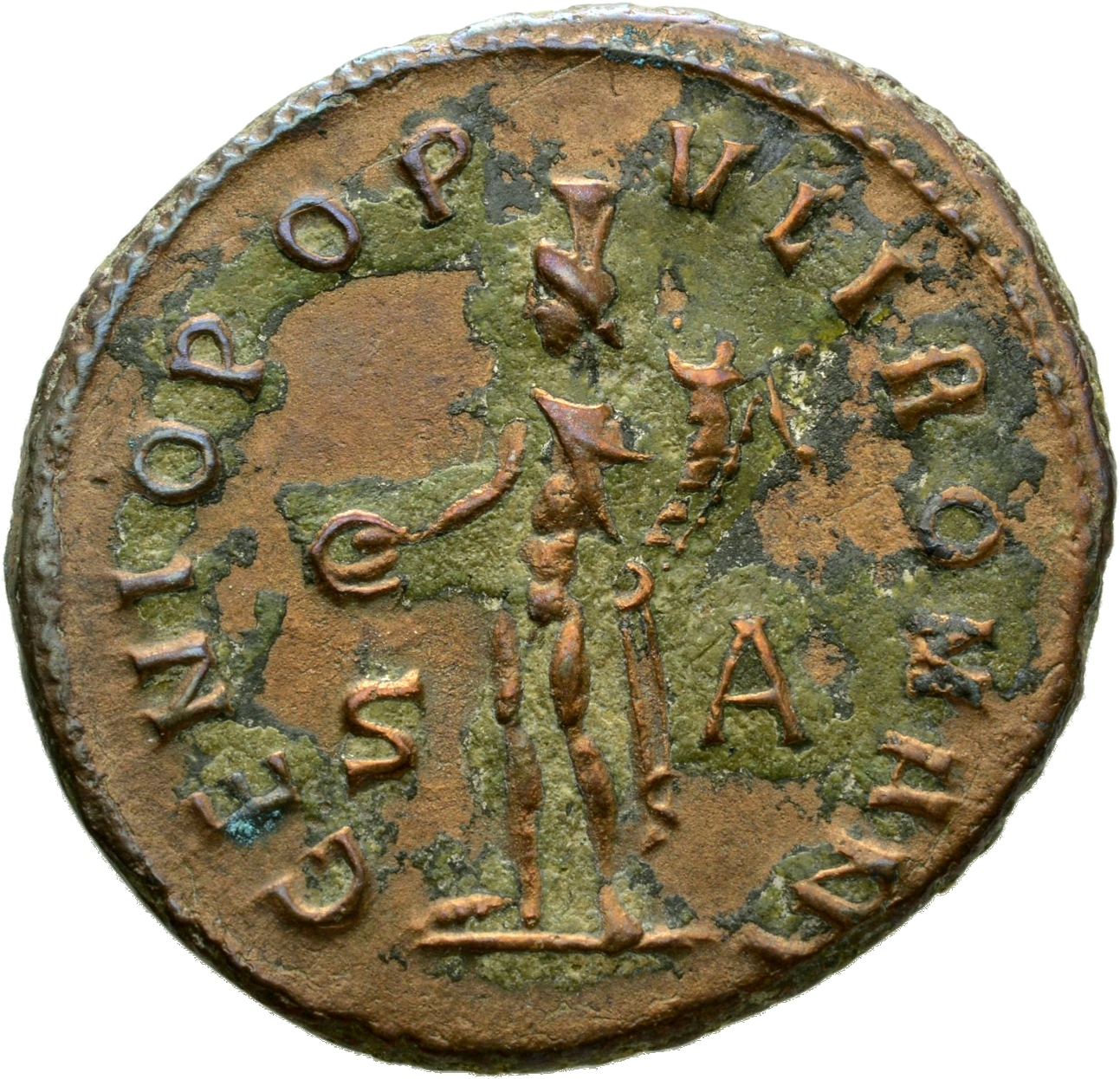 RIC VI Siscia 79a Maximian reverse, Genius, wearing modius, nude, chlamys draped over left shoulder, standing left, holdin...