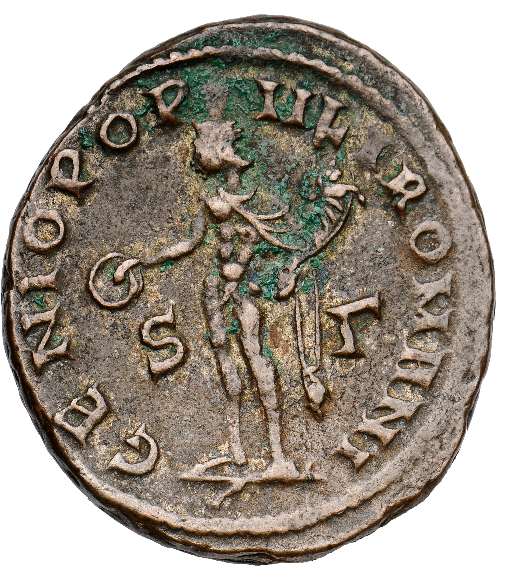 RIC VI Siscia 81a Maximian reverse, Genius, wearing modius, nude, chlamys draped over left shoulder, standing left, holdin...