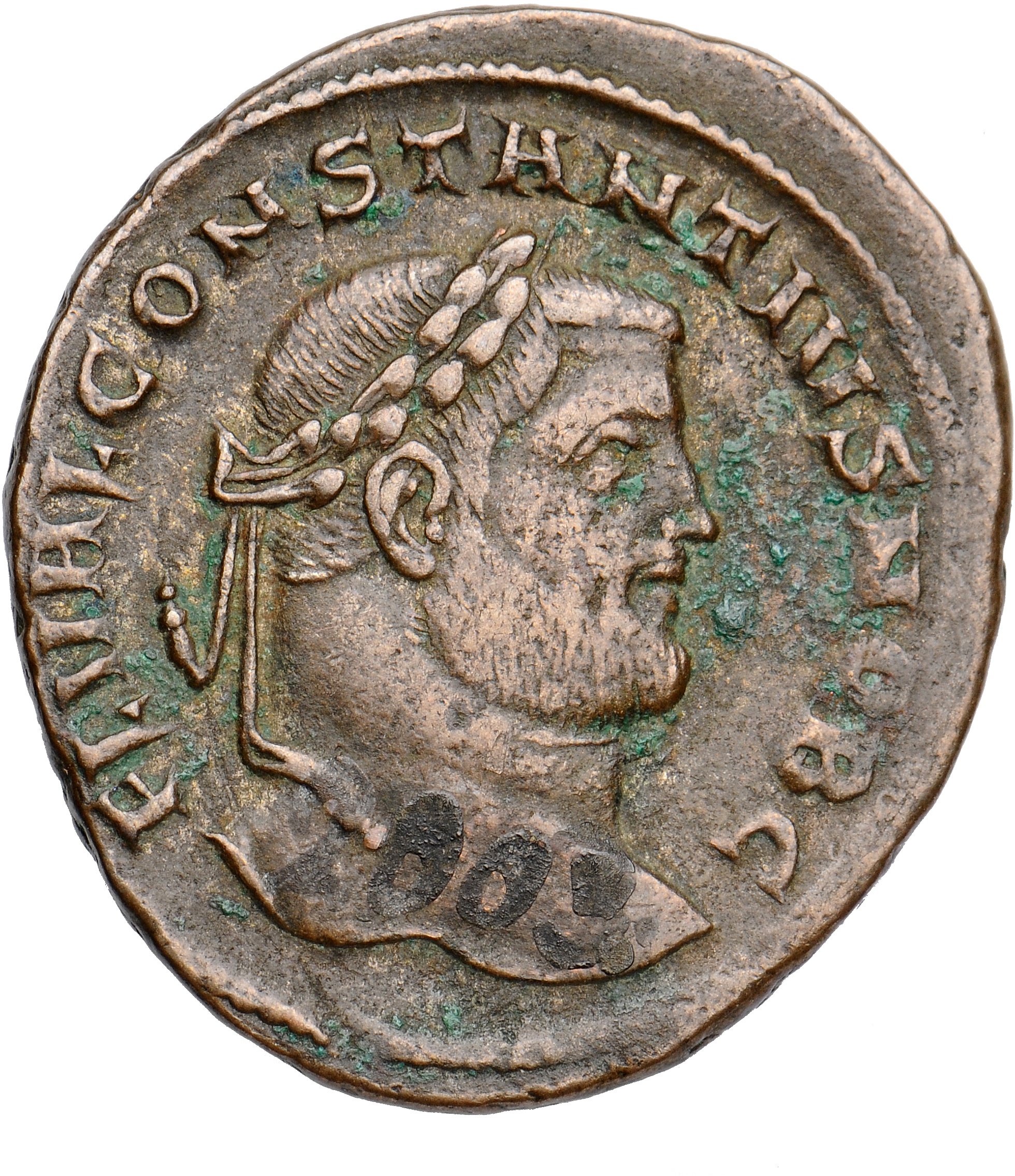 RIC VI Siscia 81a Maximian obverse, Head of Constantius Chlorus, laureate, right