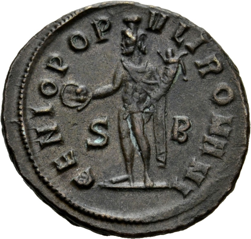 RIC VI Siscia 81b Maximian reverse, Genius, wearing modius, nude, chlamys draped over left shoulder, standing left, holdin...
