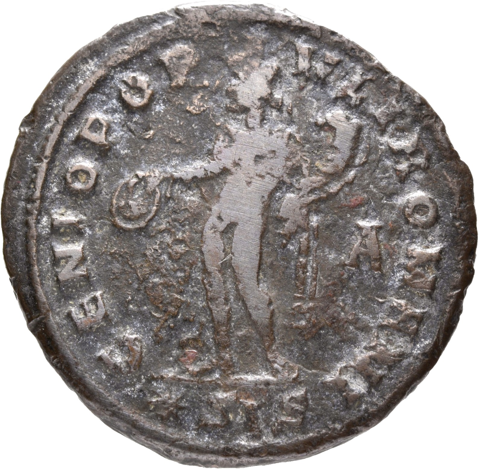 RIC VI Siscia 85a Maximian reverse, Genius, wearing modius, nude, chlamys draped over left shoulder, standing left, holdin...