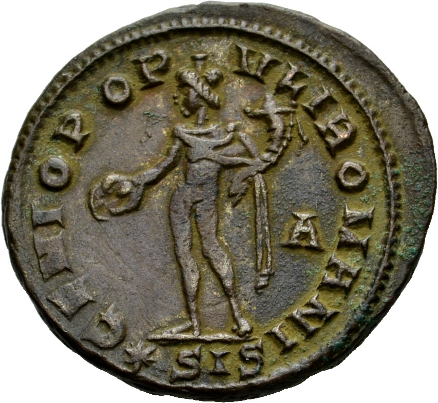 RIC VI Siscia 85a Maximian reverse, Genius, wearing modius, nude, chlamys draped over left shoulder, standing left, holdin...