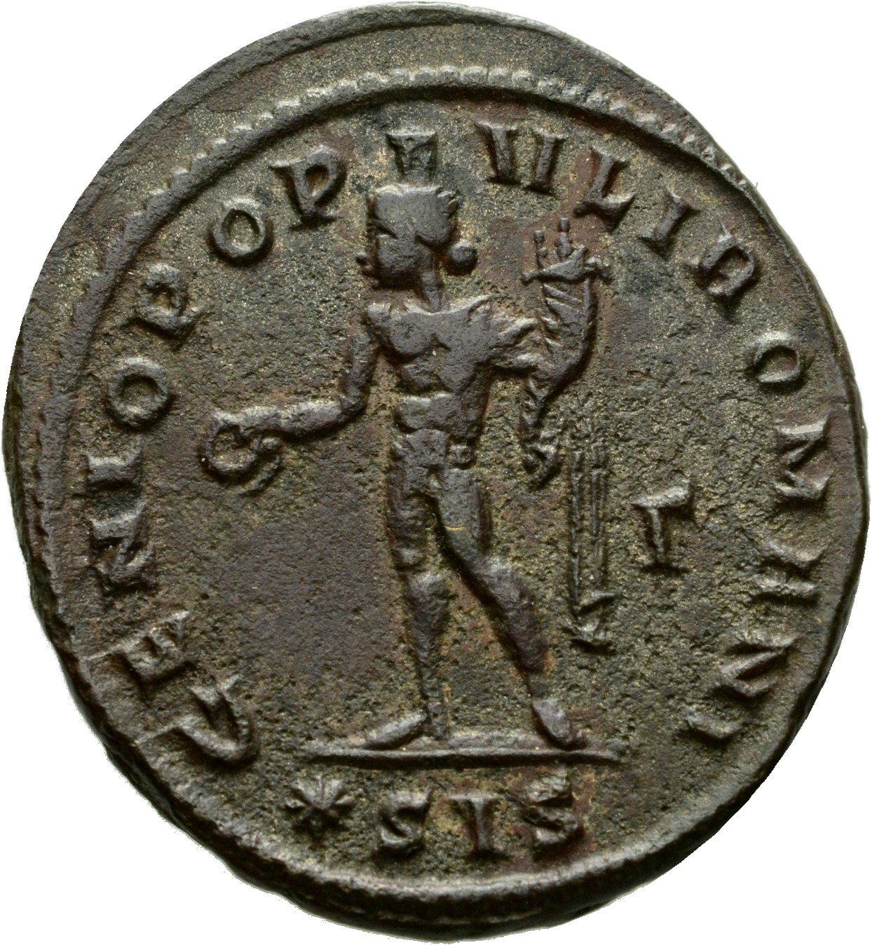 RIC VI Siscia 85b Maximian reverse, Genius, wearing modius, nude, chlamys draped over left shoulder, standing left, holdin...