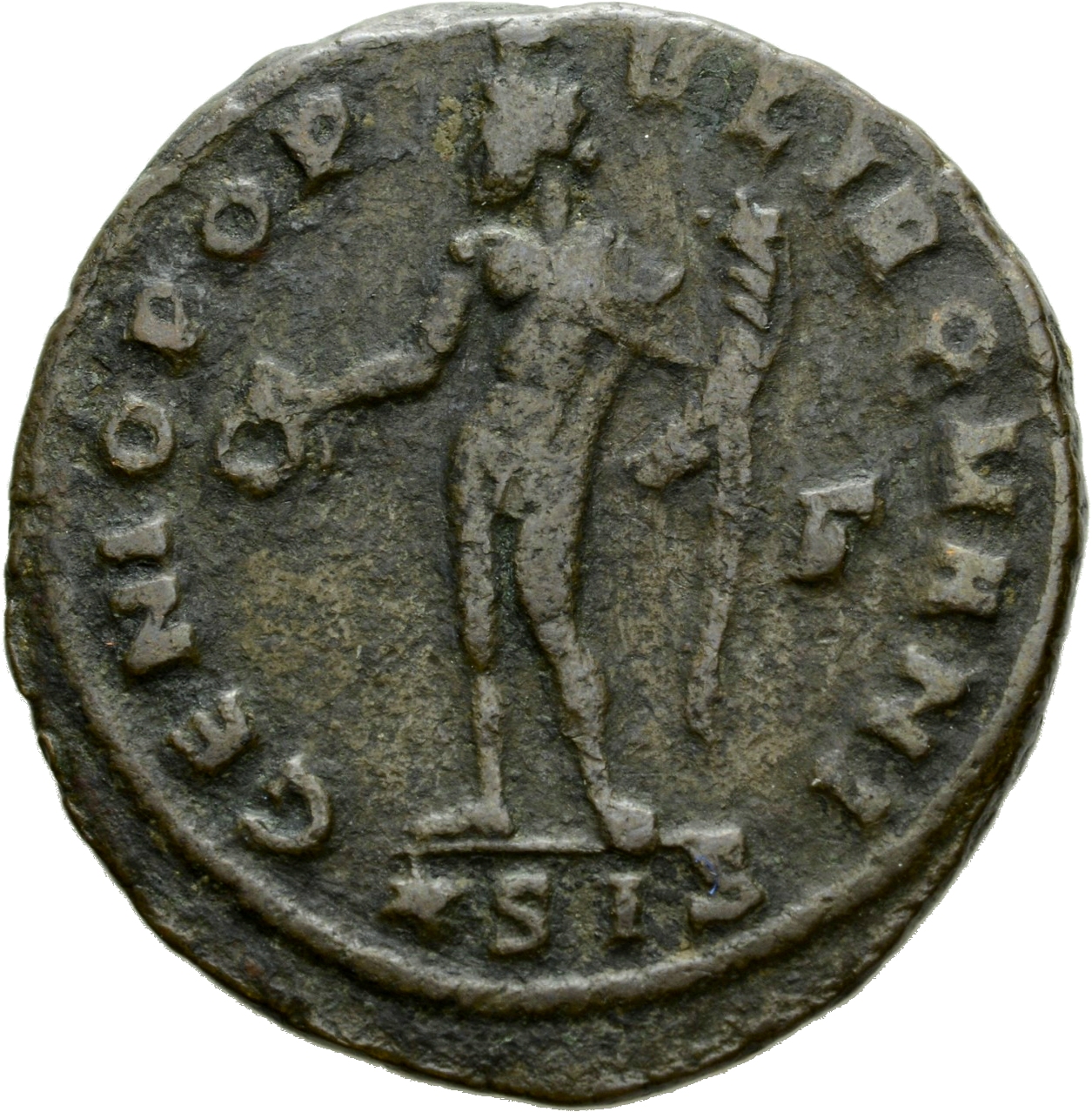 RIC VI Siscia 85b Maximian reverse, Genius, wearing modius, nude, chlamys draped over left shoulder, standing left, holdin...