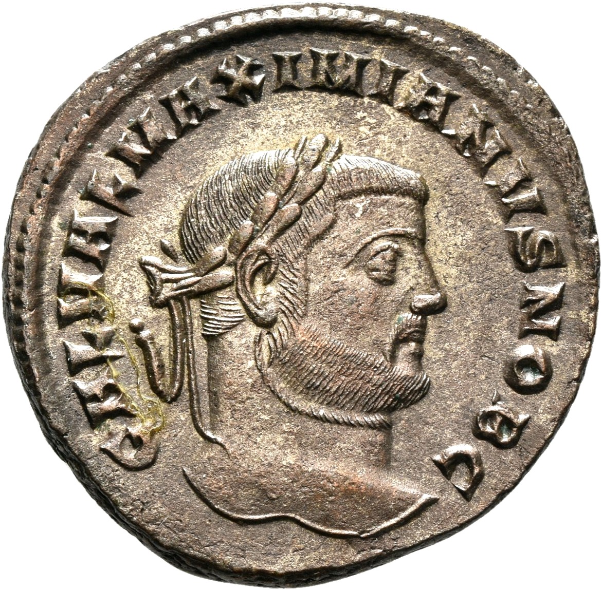 RIC VI Siscia 89b Maximian obverse, Head of Galerius, laureate, right