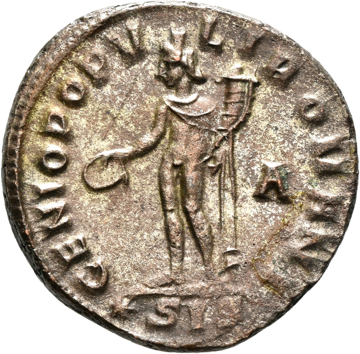 RIC VI Siscia 89b Maximian reverse, Genius, wearing modius, nude, chlamys draped over left shoulder, standing left, holdin...