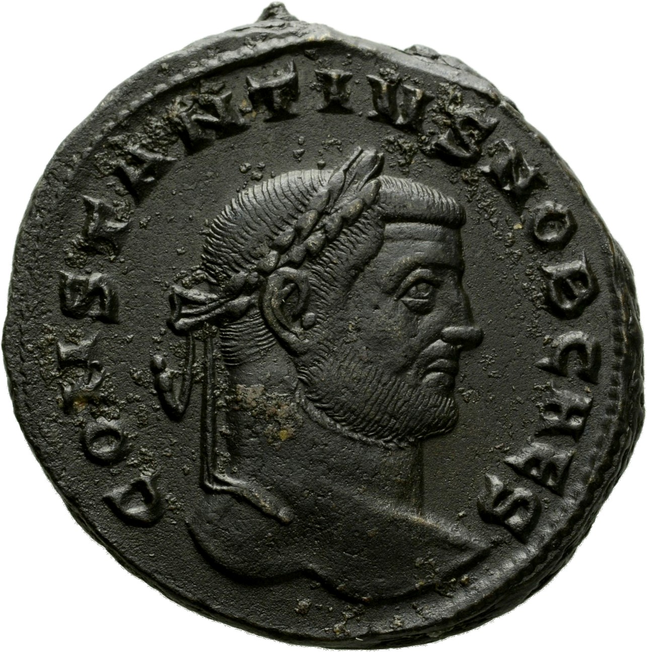 RIC VI Siscia 90a Maximian obverse, Head of Constantius Chlorus, laureate, right