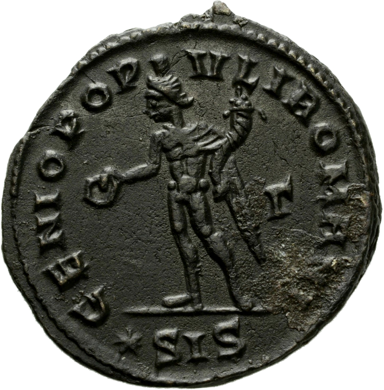 RIC VI Siscia 90a Maximian reverse, Genius, wearing modius, nude, chlamys draped over left shoulder, standing left, holdin...