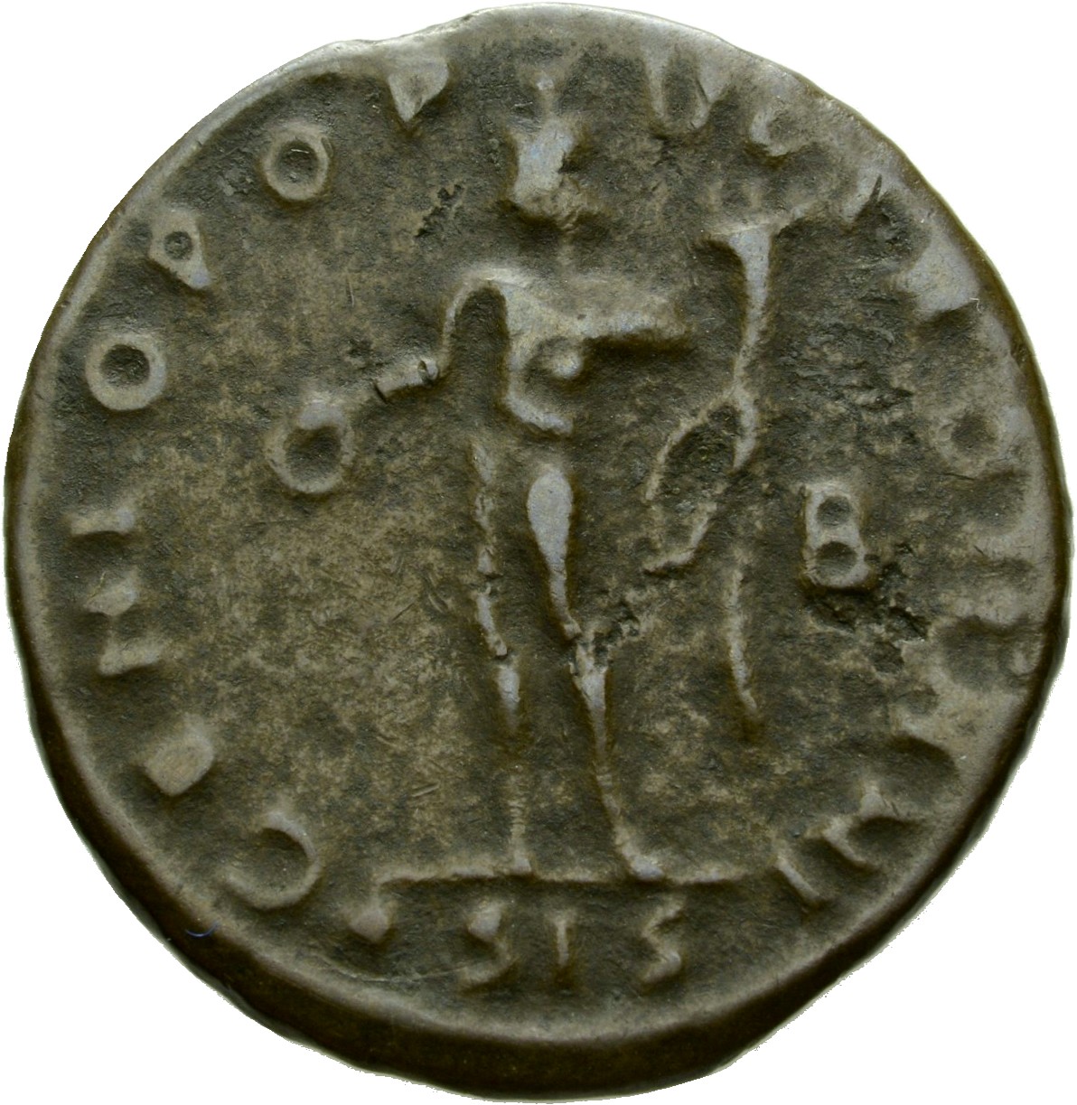 RIC VI Siscia 95a Maximian reverse, Genius, wearing modius, nude, chlamys draped over left shoulder, standing left, holdin...