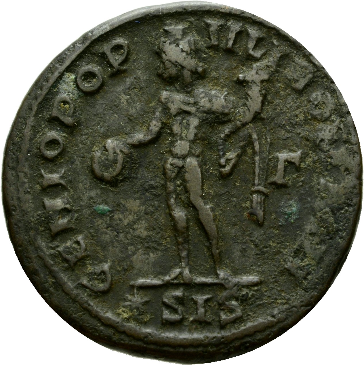 RIC VI Siscia 95a Maximian reverse, Genius, wearing modius, nude, chlamys draped over left shoulder, standing left, holdin...