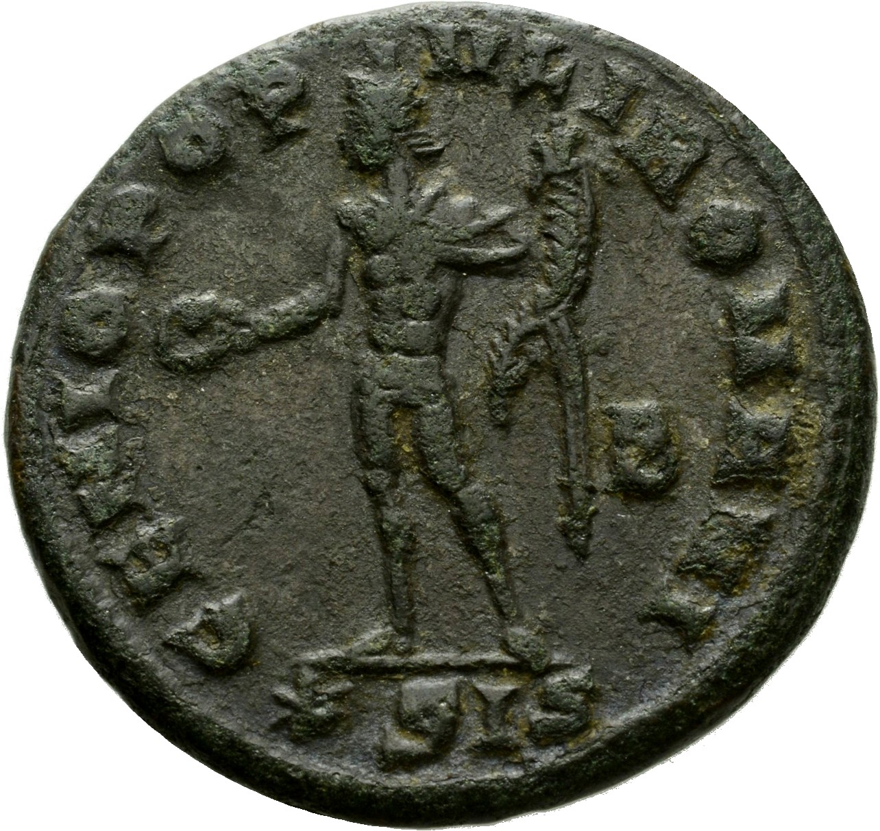 RIC VI Siscia 98b Maximian reverse, Genius, wearing modius, nude, chlamys draped over left shoulder, standing left, holdin...