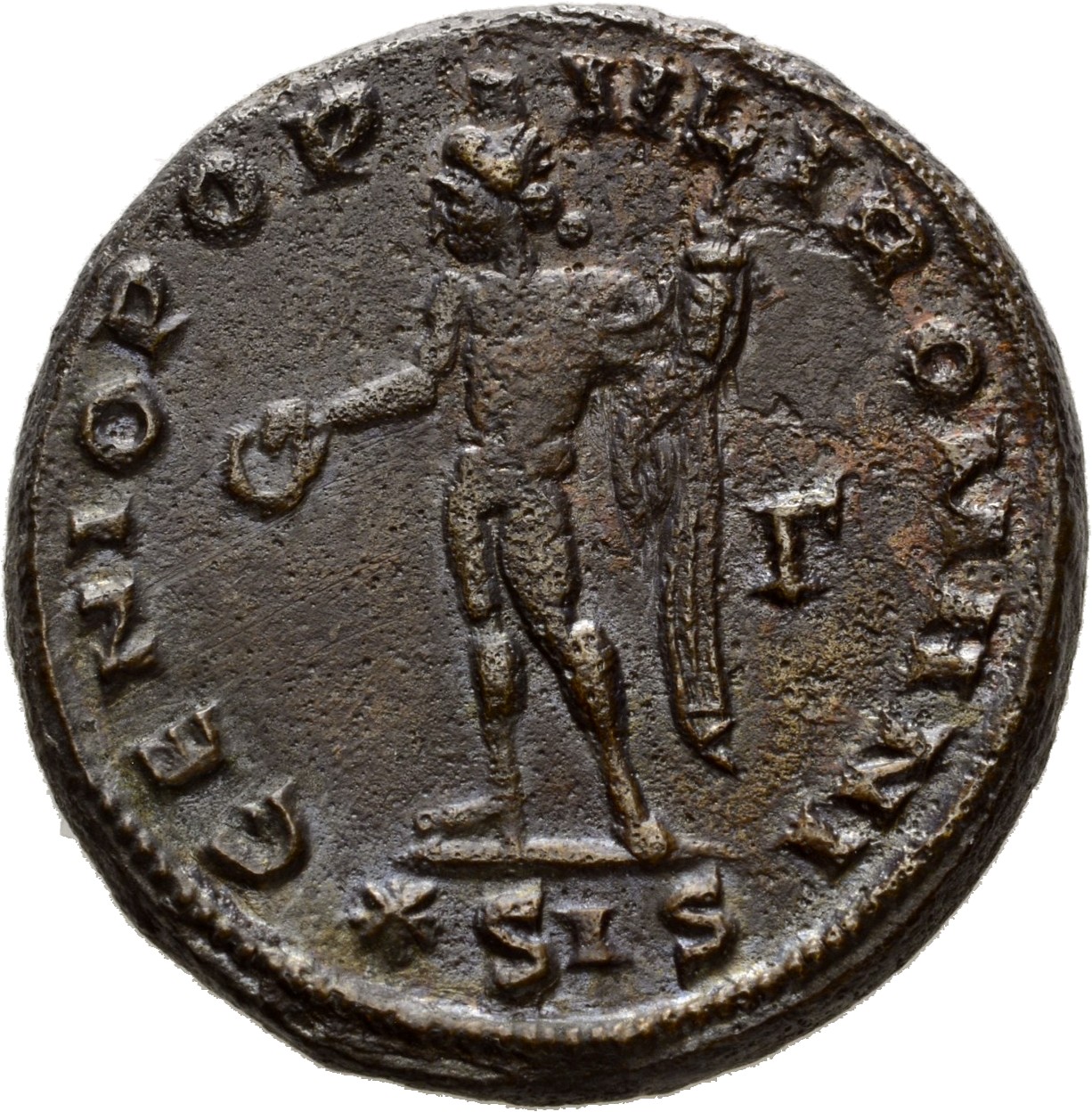 RIC VI Siscia 98b Maximian reverse, Genius, wearing modius, nude, chlamys draped over left shoulder, standing left, holdin...