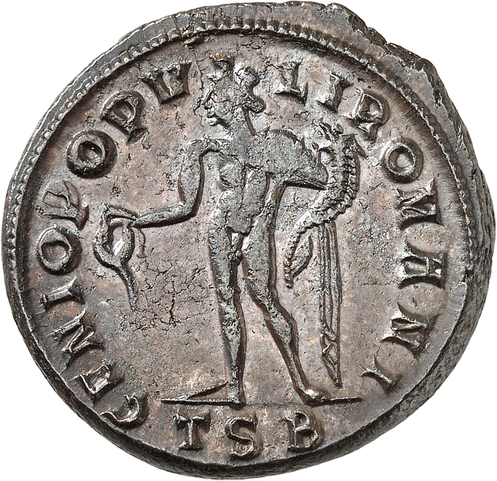 RIC VI Thessalonica 19b Diocletian reverse, Genius, wearing modius, nude, chlamys draped over left shoulder, standing left...