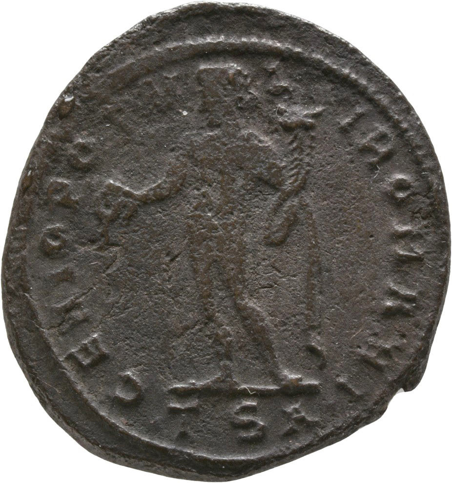 RIC VI Thessalonica 19b Diocletian reverse — Genius, wearing modius, nude, chlamys draped over left shoulder, standing lef...