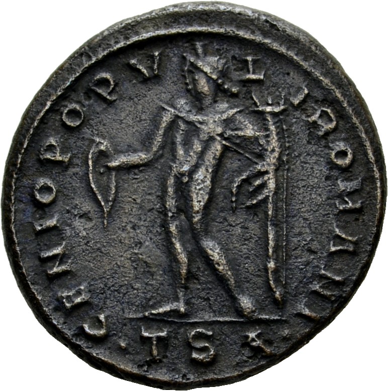 RIC VI Thessalonica 21a Diocletian reverse — Genius, wearing modius, nude, chlamys draped over left shoulder, standing lef...