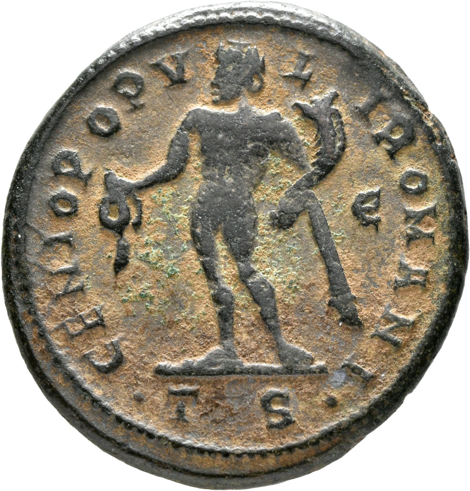RIC VI Thessalonica 23a Diocletian reverse, Genius, wearing modius, nude, chlamys draped over left shoulder, standing left...