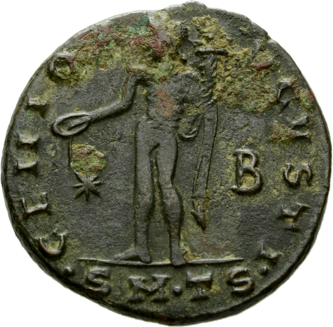 RIC VI Thessalonica 30a Galerius reverse, Genius, wearing modius, sometimes radiate, nude, chlamys draped over left should...