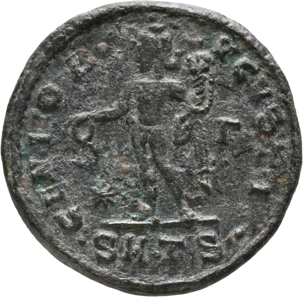 RIC VI Thessalonica 30a Galerius reverse — Genius, wearing modius, sometimes radiate, nude, chlamys draped over left shoul...