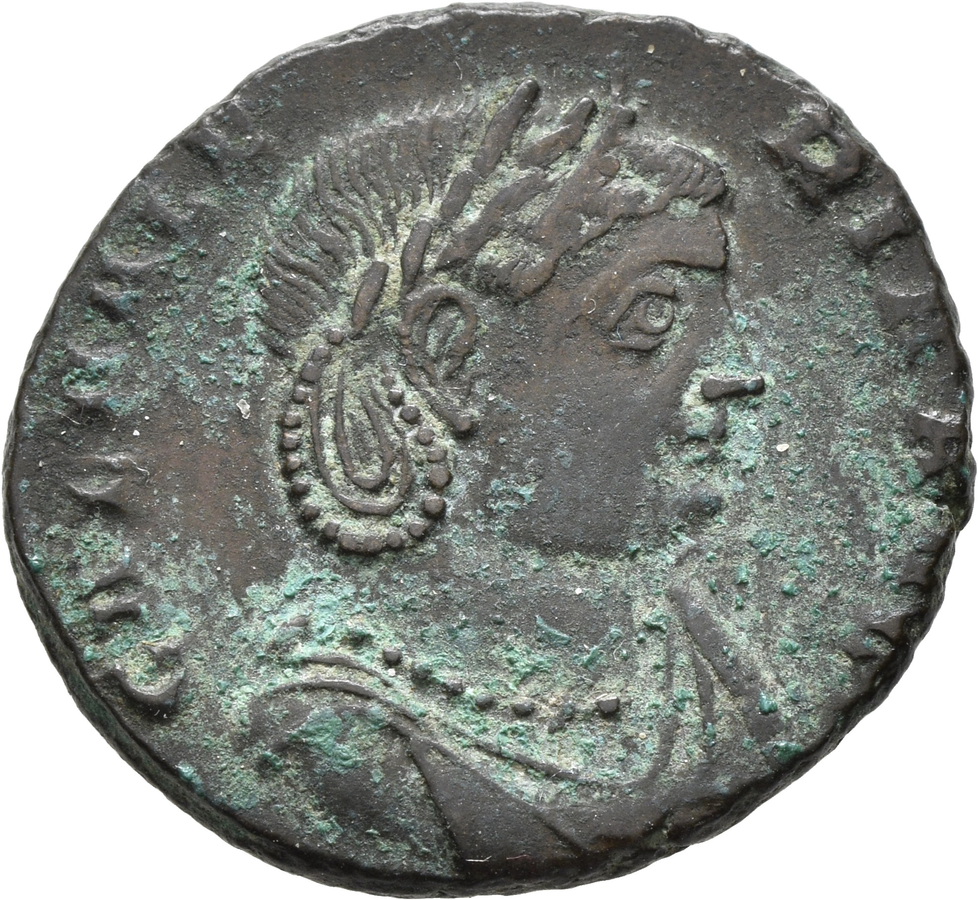 RIC VI Thessalonica 34 Galerius obverse, Bust of Galeria Valeria, laureate, diademed, sometimes wearing necklace, draped, ...