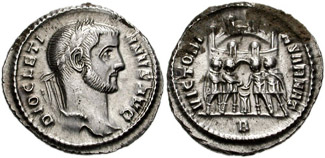 RIC VI Thessalonica 37a Galerius reverse, Virtus, advancing right, holding transverse spear in right hand and trophy over ...