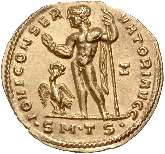 RIC VI Thessalonica 44b Licinius reverse, Jupiter, chlamys draped over left shoulder, standing left, holding thunderbolt i...