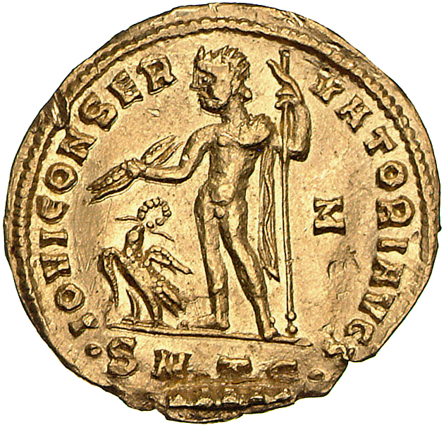 RIC VI Thessalonica 44c Licinius reverse, Jupiter, chlamys draped over left shoulder, standing left, holding thunderbolt i...
