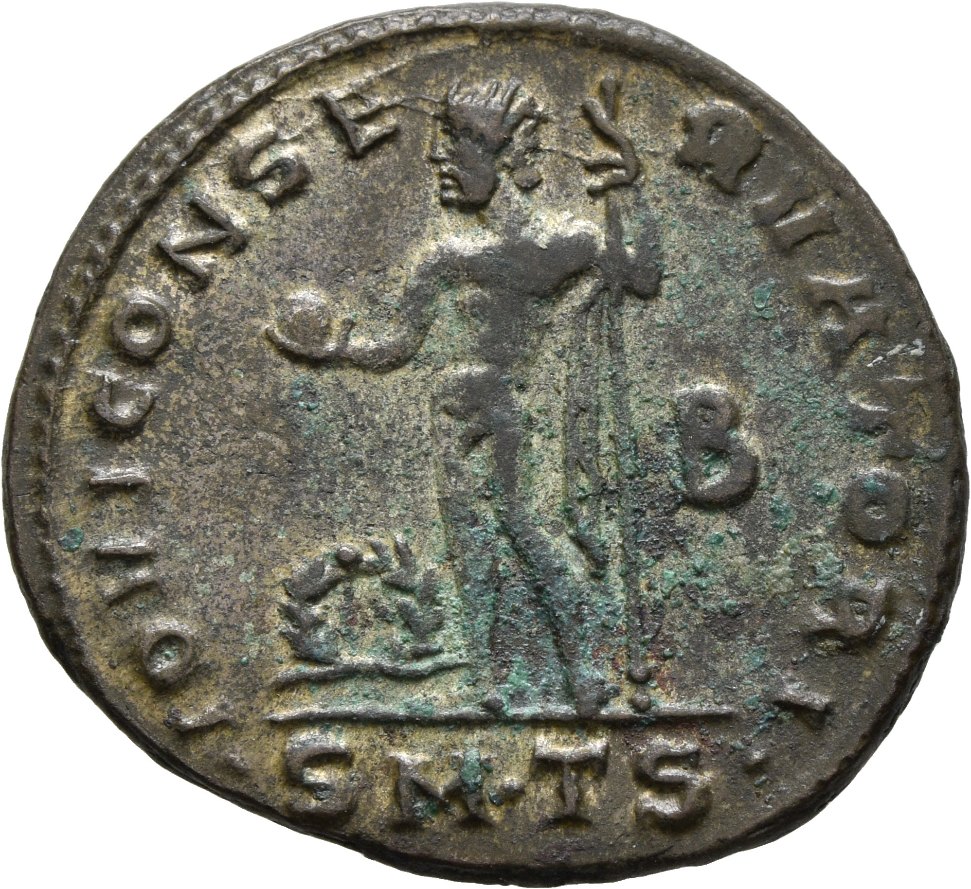 RIC VI Thessalonica 49 Licinius reverse, Jupiter, chlamys draped over left shoulder, standing front, head left, holding gl...