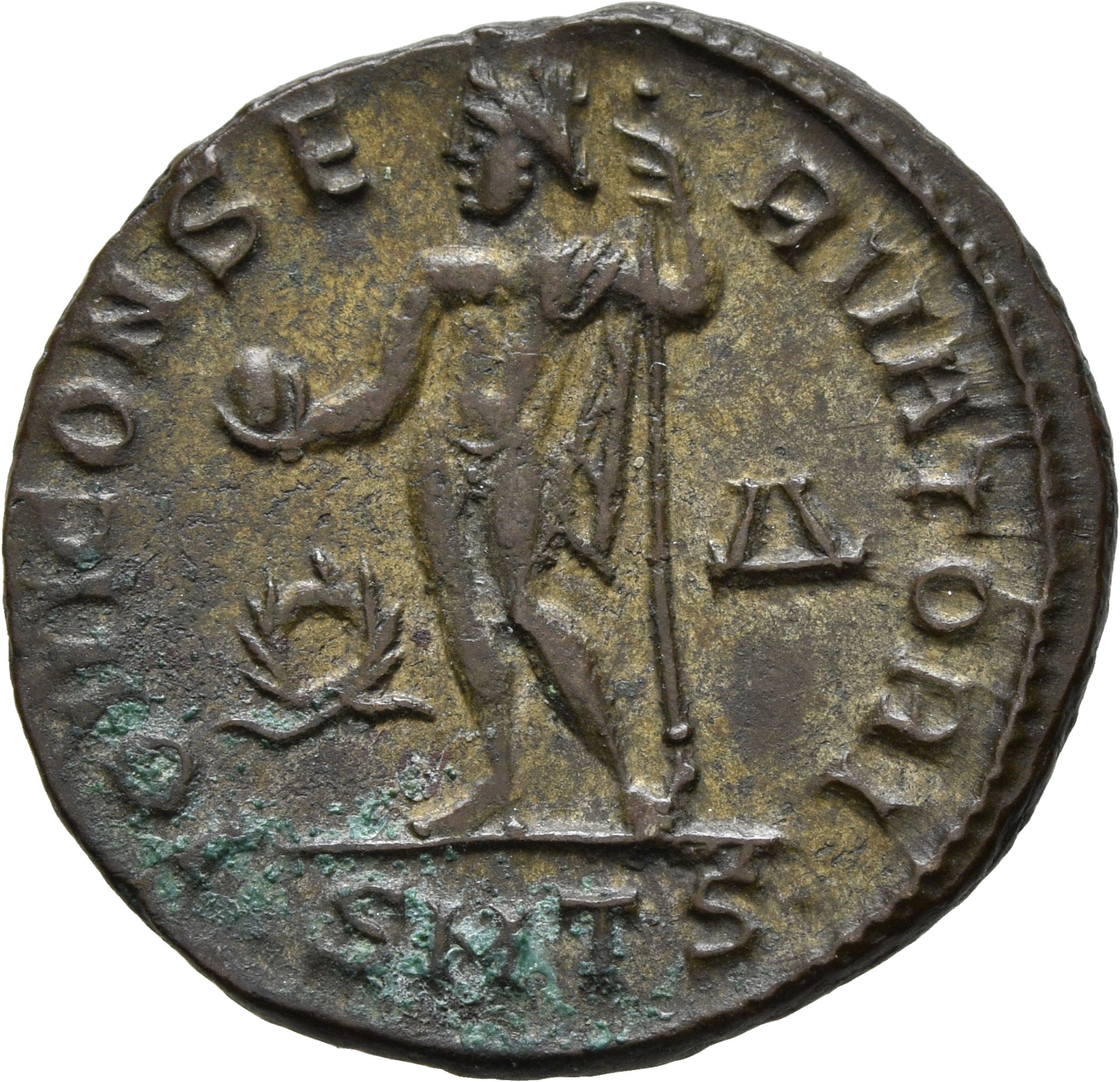 RIC VI Thessalonica 49 Licinius reverse — Jupiter, chlamys draped over left shoulder, standing front, head left, holding g...