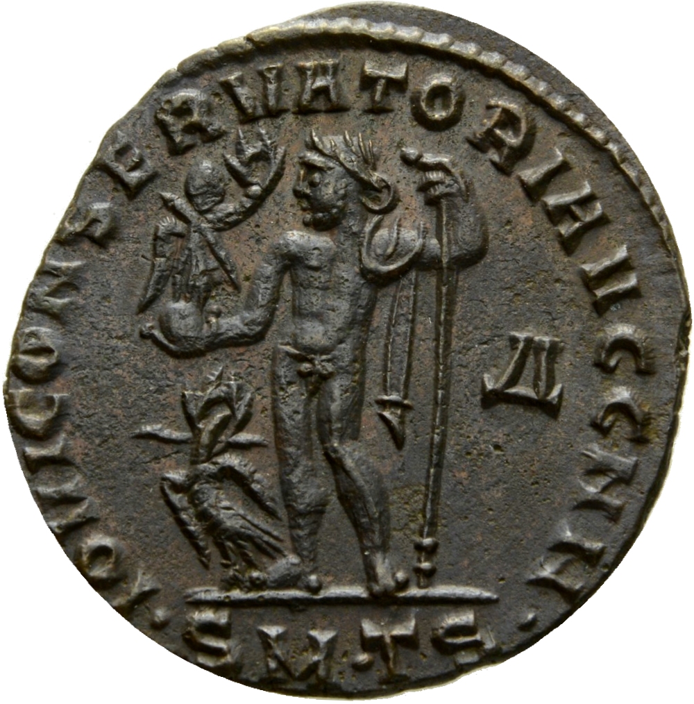 RIC VI Thessalonica 51 Licinius reverse, Jupiter, chlamys draped over left shoulder, standing front, head left, holding Vi...