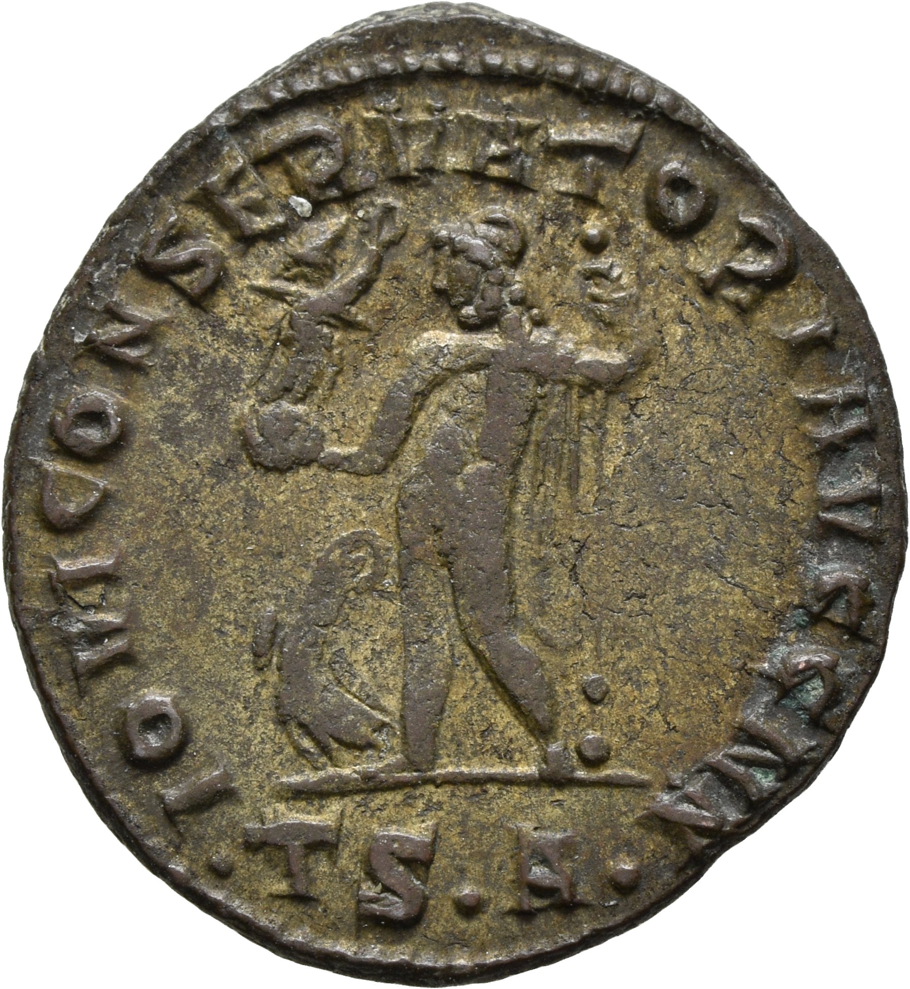 RIC VI Thessalonica 60 Licinius reverse, Jupiter, chlamys draped over left shoulder, standing front, head left, holding Vi...