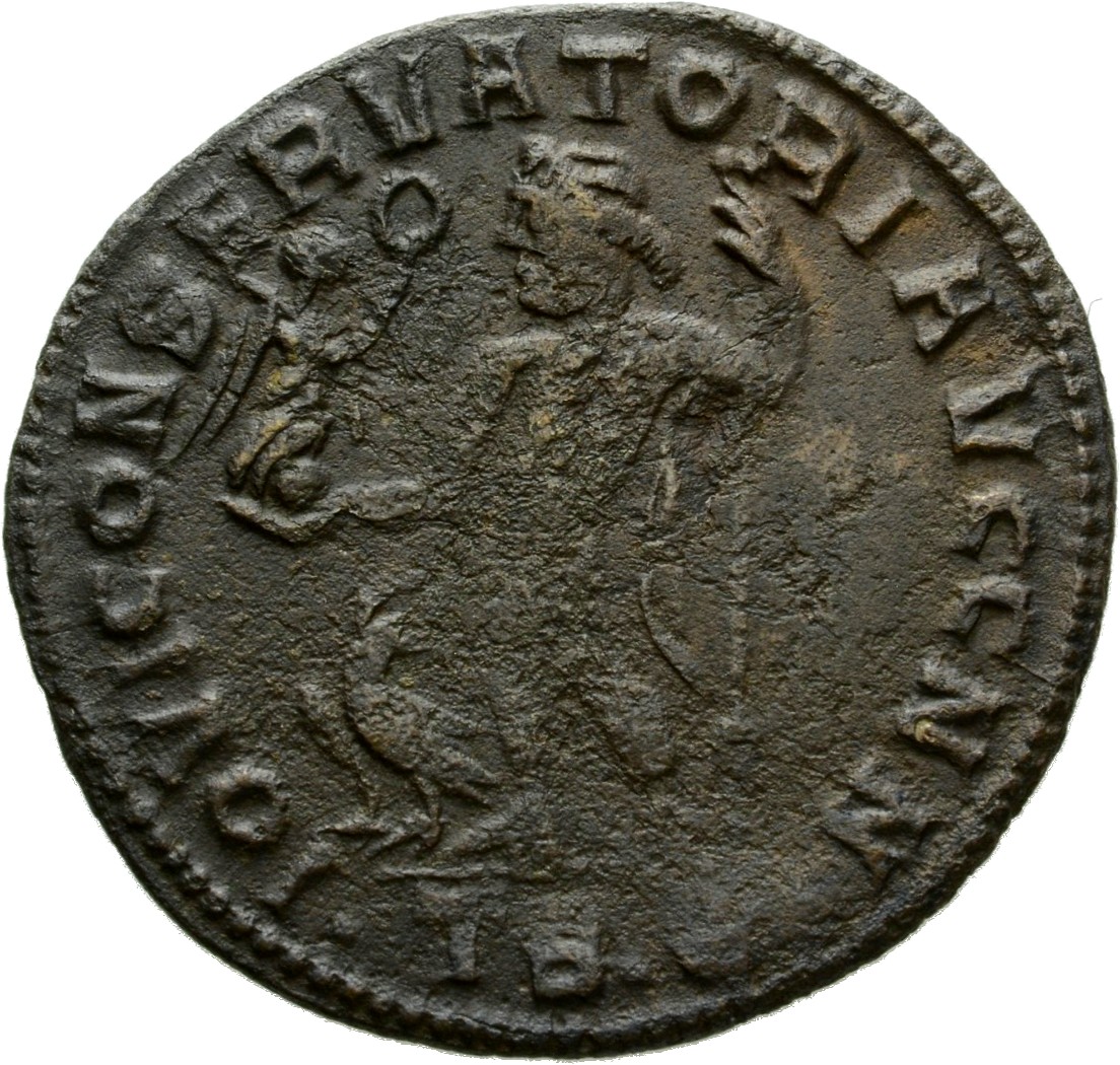 RIC VI Thessalonica 61b Licinius reverse, Jupiter, chlamys draped over left shoulder, standing front, head left, holding V...